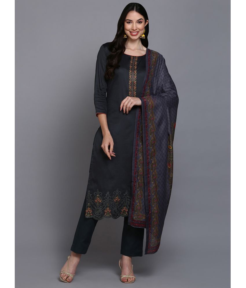     			Vaamsi Silk Blend Embroidered Kurti With Pants Women's Stitched Salwar Suit - Black ( Pack of 1 )