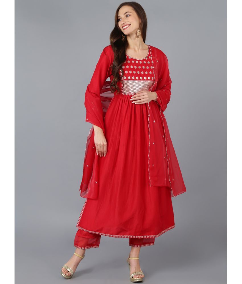     			Vaamsi Silk Blend Embroidered Kurti With Pants Women's Stitched Salwar Suit - Red ( Pack of 1 )