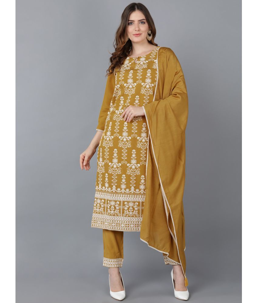     			Vaamsi Silk Blend Embroidered Kurti With Pants Women's Stitched Salwar Suit - Mustard ( Pack of 1 )