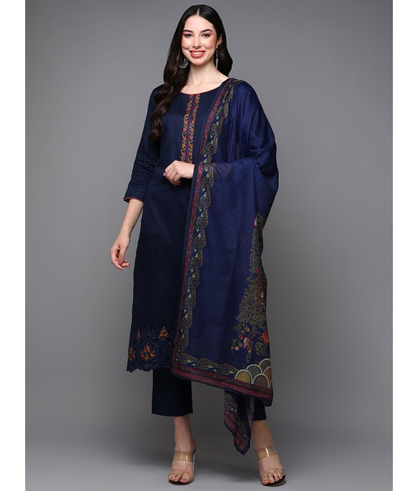     			Vaamsi Silk Blend Embroidered Kurti With Pants Women's Stitched Salwar Suit - Navy Blue ( Pack of 1 )