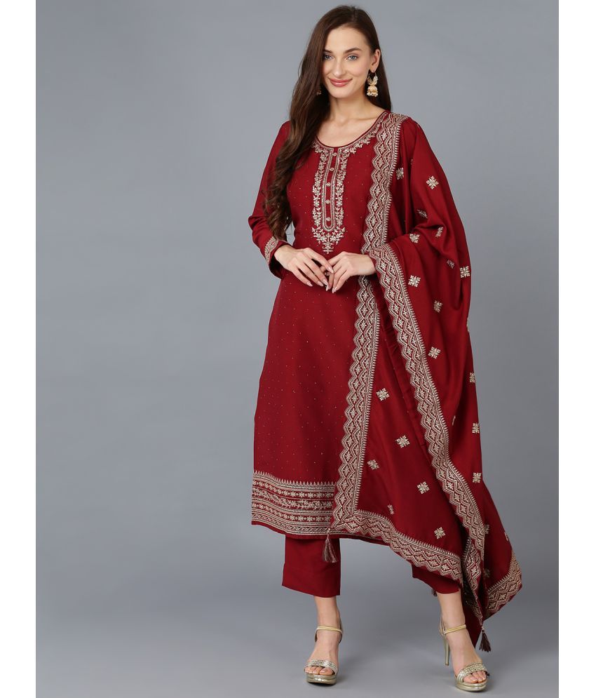     			Vaamsi Silk Blend Embroidered Kurti With Pants Women's Stitched Salwar Suit - Maroon ( Pack of 1 )