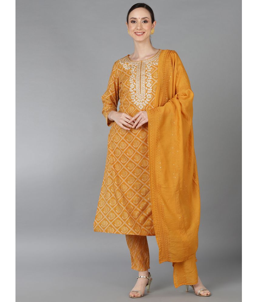     			Vaamsi Silk Blend Embroidered Kurti With Pants Women's Stitched Salwar Suit - Mustard ( Pack of 1 )