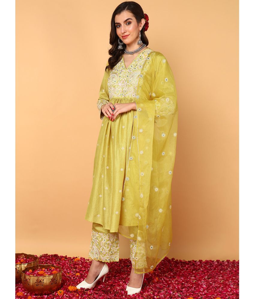     			Vaamsi Silk Blend Embroidered Kurti With Palazzo Women's Stitched Salwar Suit - Yellow ( Pack of 1 )