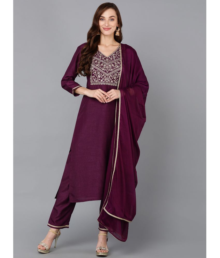     			Vaamsi Silk Blend Embroidered Kurti With Pants Women's Stitched Salwar Suit - Purple ( Pack of 1 )