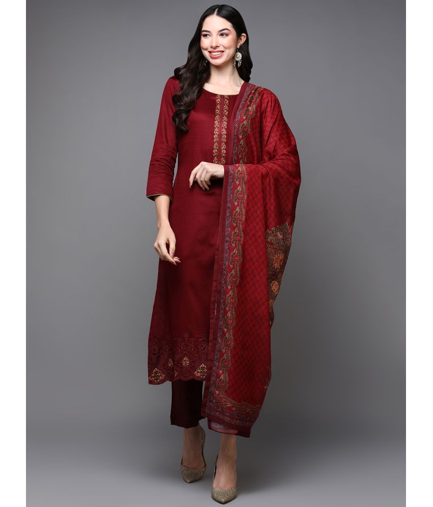     			Vaamsi Silk Blend Embroidered Kurti With Pants Women's Stitched Salwar Suit - Red ( Pack of 1 )