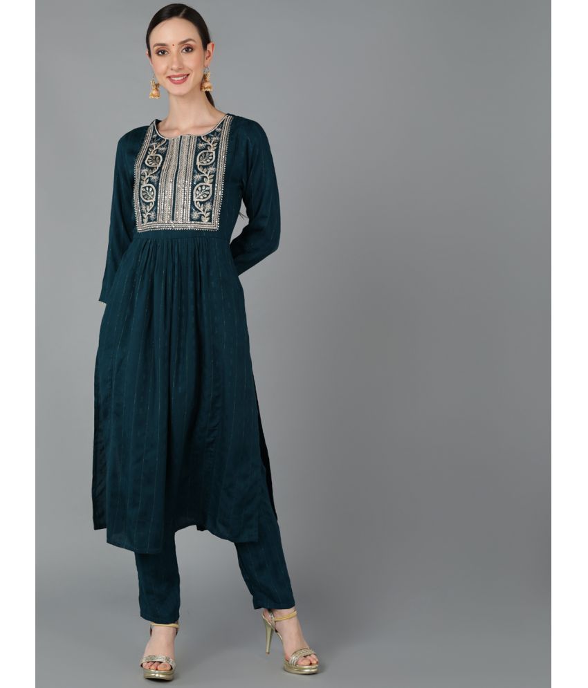     			Vaamsi Silk Blend Embroidered Kurti With Pants Women's Stitched Salwar Suit - Teal ( Pack of 1 )