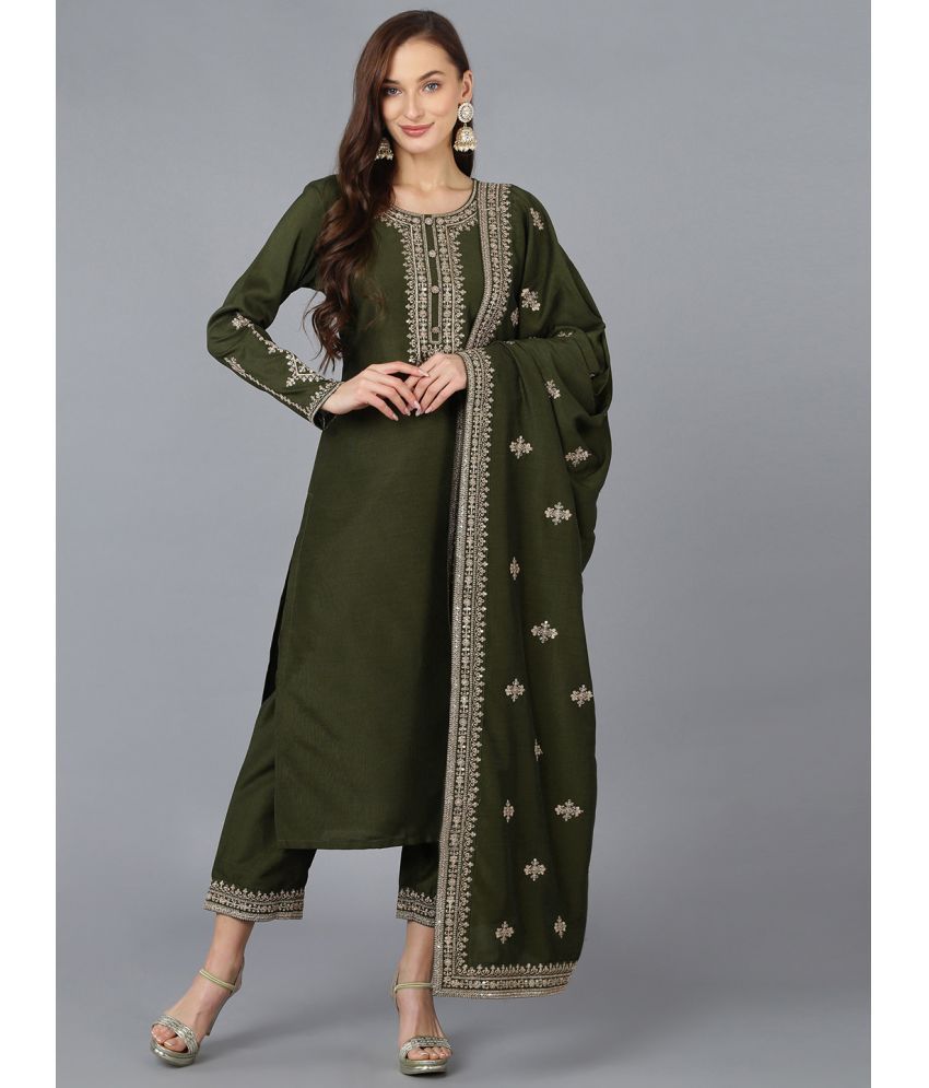     			Vaamsi Silk Blend Embroidered Kurti With Pants Women's Stitched Salwar Suit - Green ( Pack of 1 )