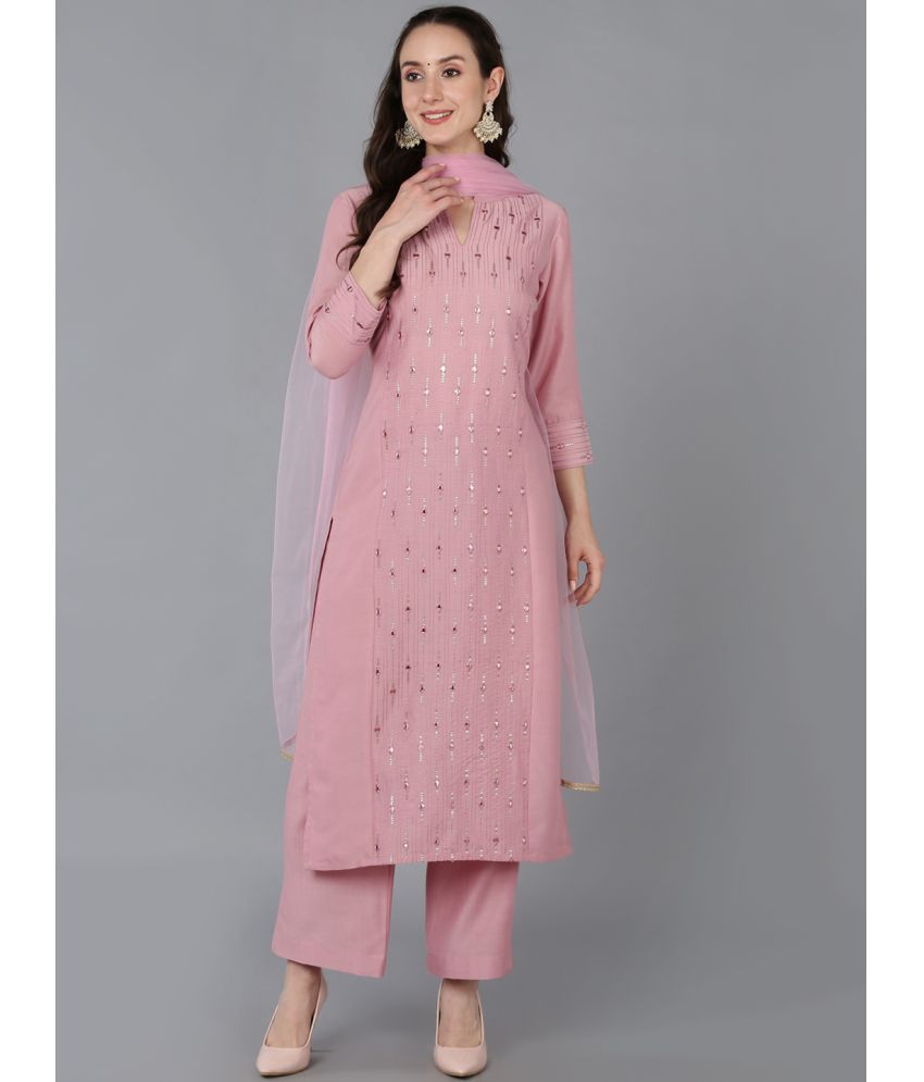     			Vaamsi Silk Blend Embroidered Kurti With Pants Women's Stitched Salwar Suit - Pink ( Pack of 1 )