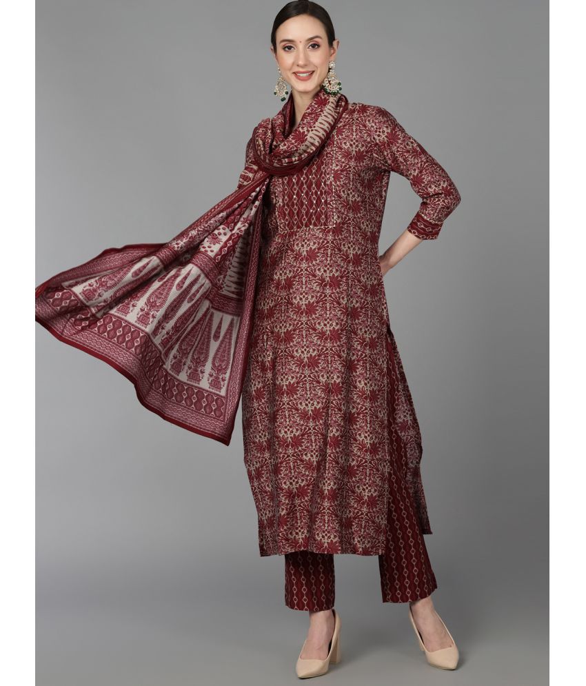     			Vaamsi Silk Blend Printed Kurti With Pants Women's Stitched Salwar Suit - Maroon ( Pack of 1 )