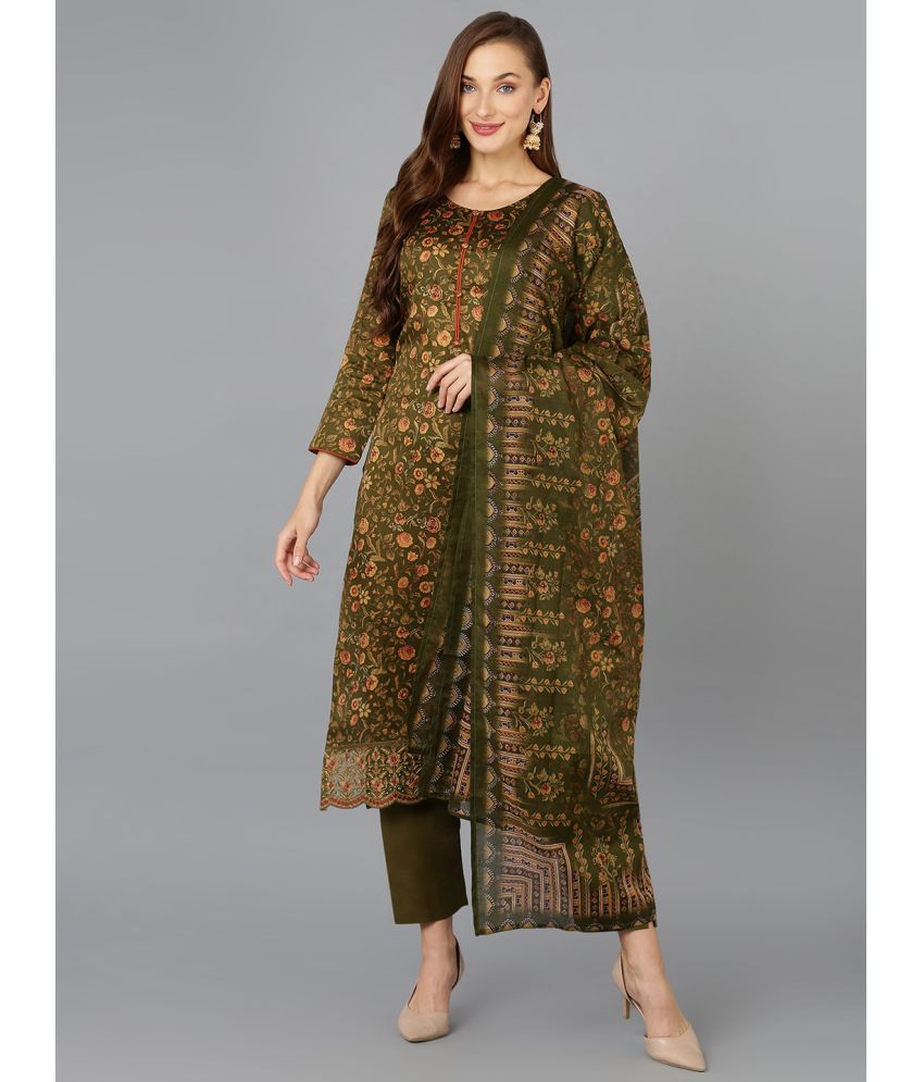     			Vaamsi Silk Blend Printed Kurti With Pants Women's Stitched Salwar Suit - Olive ( Pack of 1 )