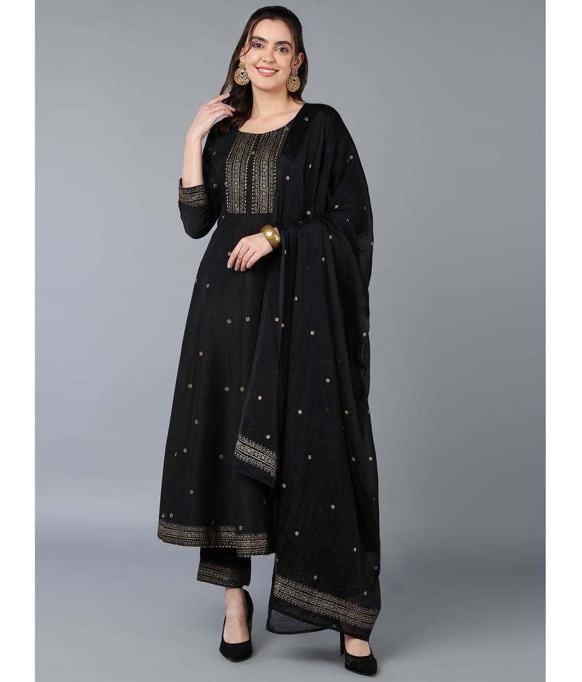     			Vaamsi Silk Blend Printed Kurti With Pants Women's Stitched Salwar Suit - Black ( Pack of 1 )