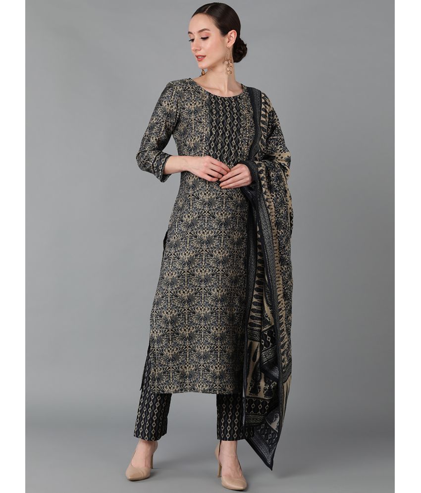     			Vaamsi Silk Blend Printed Kurti With Pants Women's Stitched Salwar Suit - Black ( Pack of 1 )