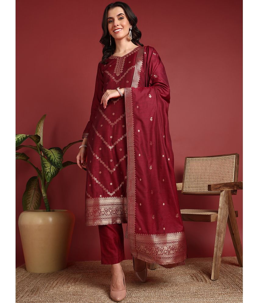     			Vaamsi Silk Blend Self Design Kurti With Pants Women's Stitched Salwar Suit - Maroon ( Pack of 1 )