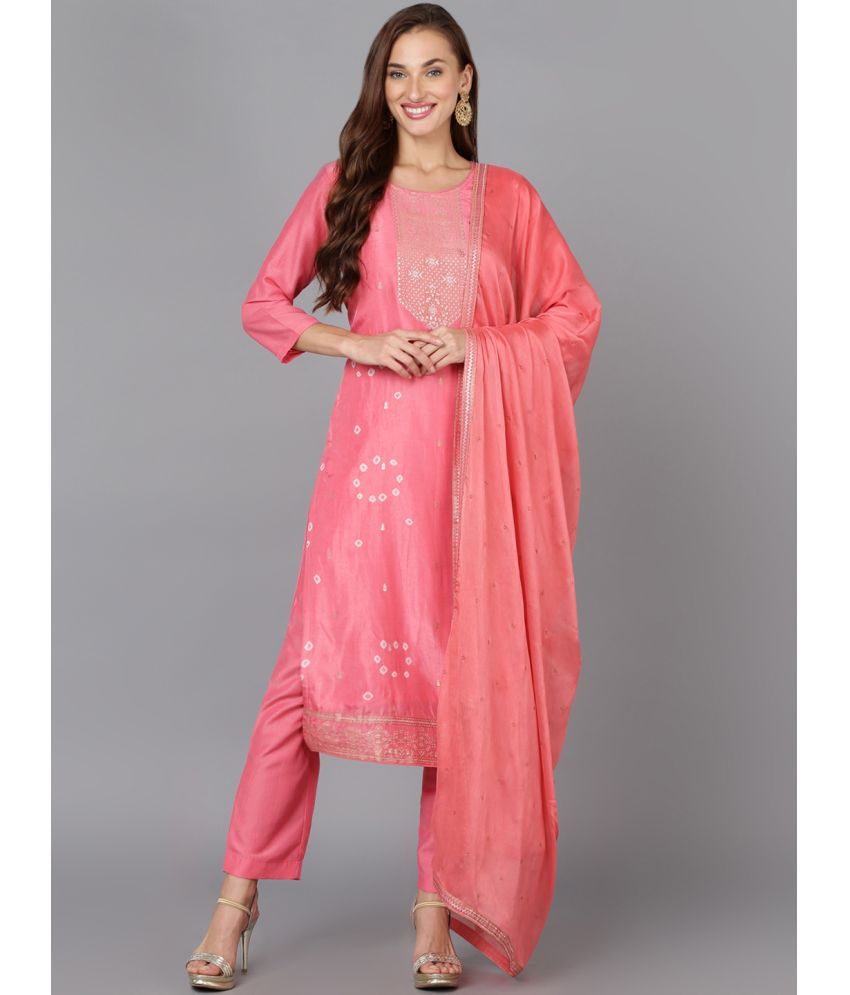     			Vaamsi Silk Blend Self Design Kurti With Pants Women's Stitched Salwar Suit - Pink ( Pack of 1 )