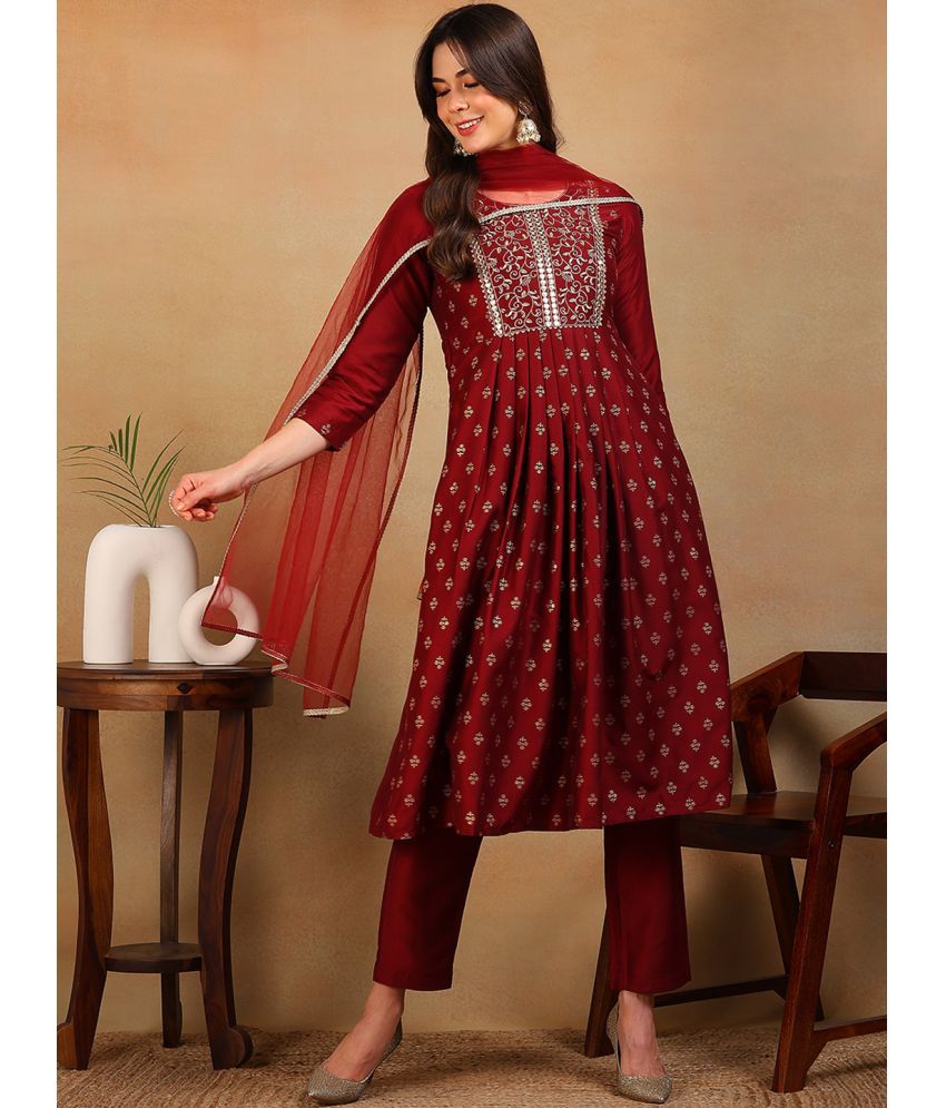     			Vaamsi Silk Blend Self Design Kurti With Pants Women's Stitched Salwar Suit - Maroon ( Pack of 1 )