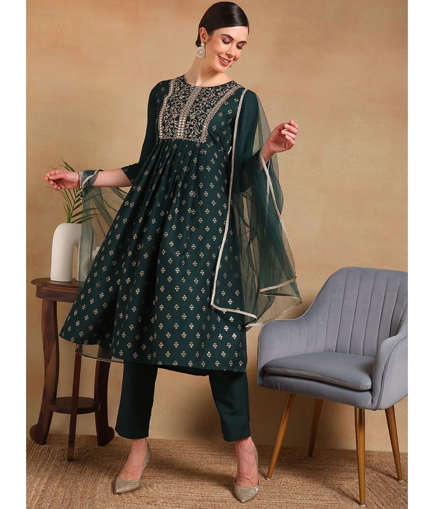     			Vaamsi Silk Blend Self Design Kurti With Pants Women's Stitched Salwar Suit - Green ( Pack of 1 )