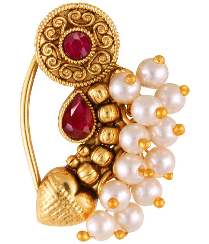     			Vivastri Premium Gold Plated Nath Collection  With Beautiful & Luxurious Red Diamond Pearl Studded Maharashtraian Nath For Women & Girls-VIVA1174NTH-Press-Red