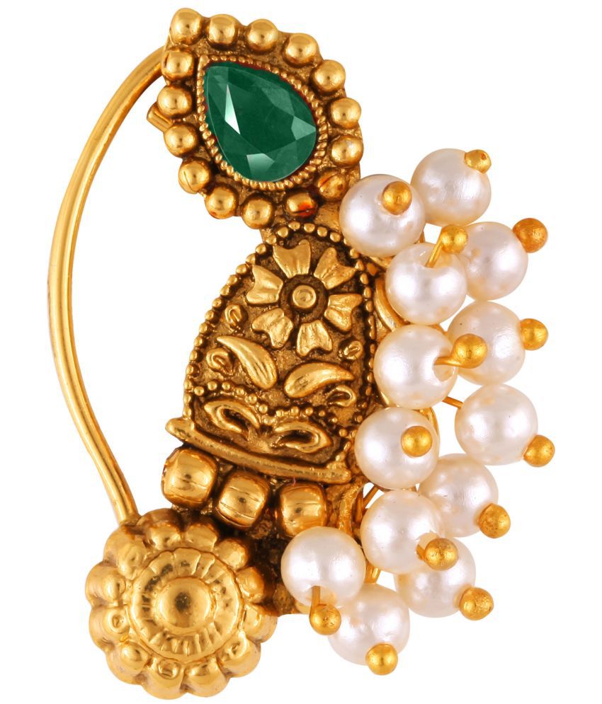     			Vivastri Premium Gold Plated Nath Collection  With Beautiful & Luxurious Green Diamond Pearl Studded Maharashtraian Nath For Women & Girls-VIVA1176NTH-Press-Green
