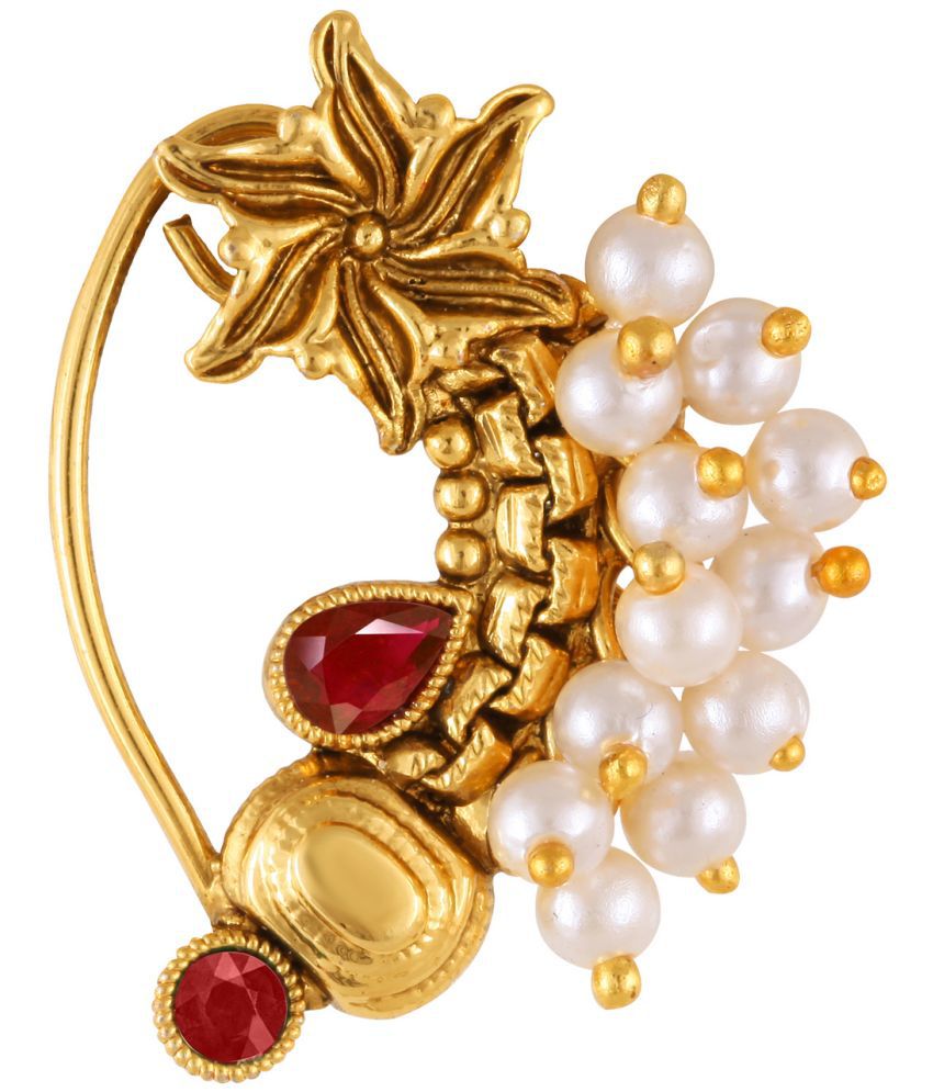     			Vivastri Premium Gold Plated Nath Collection  With Beautiful & Luxurious Red Diamond Pearl Studded Maharashtraian Nath For Women & Girls-VIVA1170NTH-Press-Red