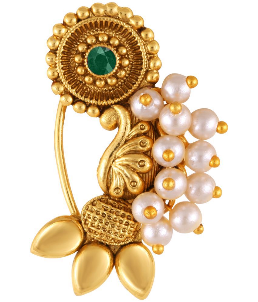     			Vivastri Premium Gold Plated Nath Collection  With Beautiful & Luxurious Green Diamond Pearl Studded Maharashtraian Nath For Women & Girls-VIVA1172NTH-Press-Green
