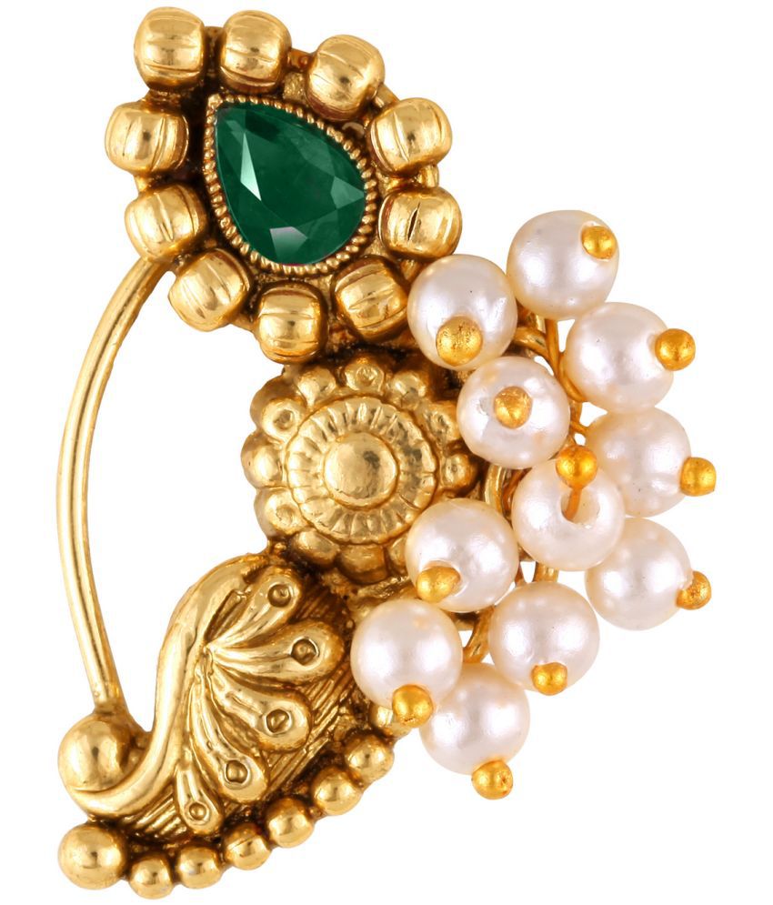     			Vivastri Premium Gold Plated Nath Collection  With Beautiful & Luxurious Green Diamond Pearl Studded Maharashtraian Nath For Women & Girls-VIVA1171NTH-Press-Green