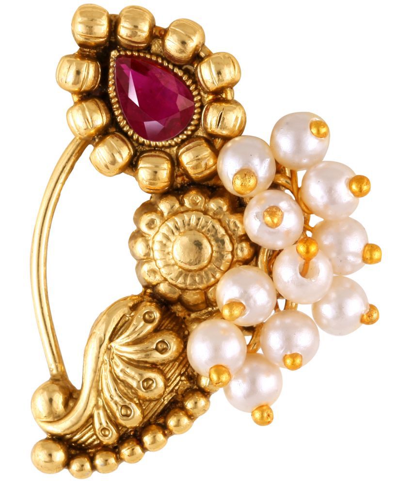     			Vivastri Premium Gold Plated Nath Collection  With Beautiful & Luxurious Red Diamond Pearl Studded Maharashtraian Nath For Women & Girls-VIVA1171NTH-Press-Red