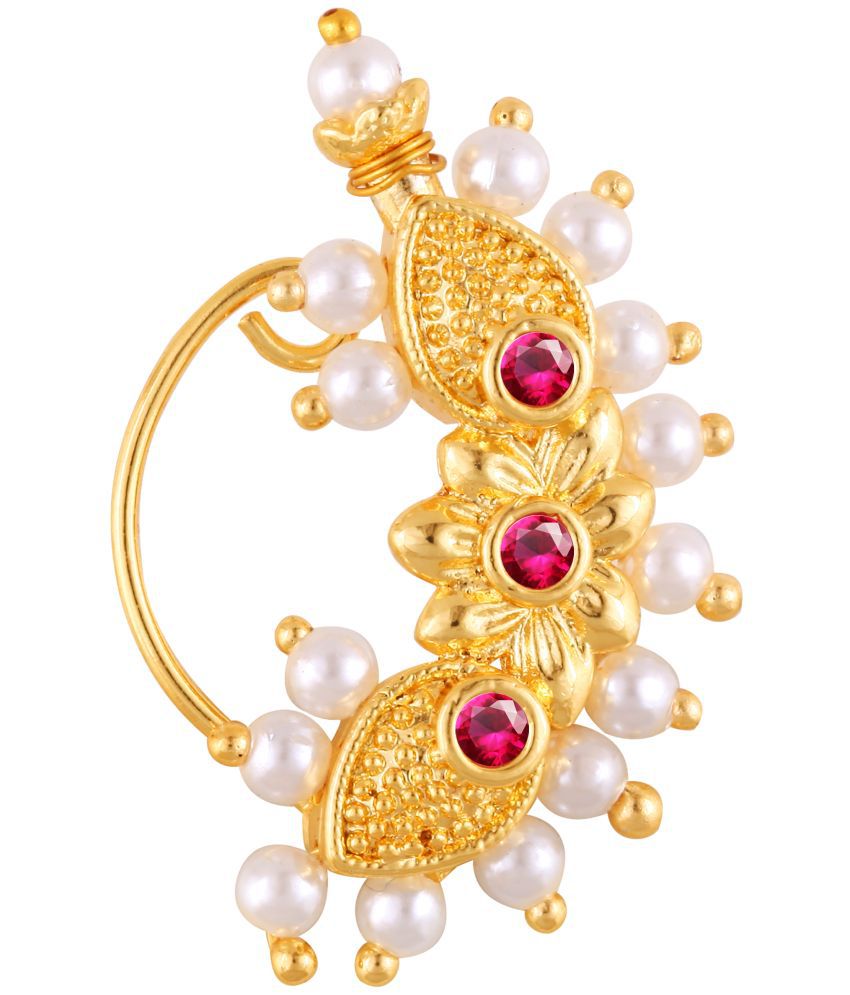     			Vivastri Premium Gold Plated Nath Collection  With Beautiful & Luxurious Red Diamond Pearl Studded Maharashtraian  Nath For Women & Girls-VIVA1161NTH-Press