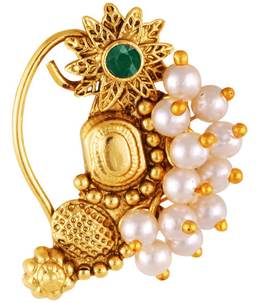     			Vivastri Premium Gold Plated Nath Collection  With Beautiful & Luxurious Green Diamond Pearl Studded Maharashtraian Nath For Women & Girls-VIVA1167NTH-Press-Green
