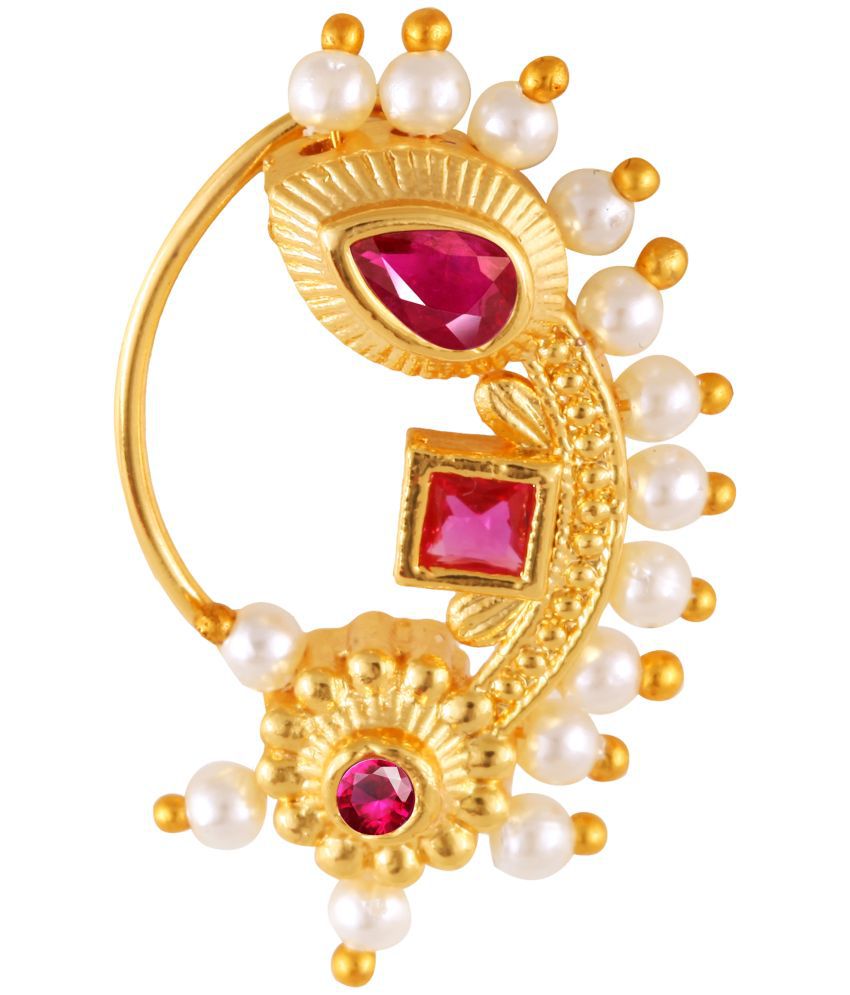     			Vivastri Premium Gold Plated Nath Collection  With Beautiful & Luxurious Red Diamond Pearl Studded Maharashtraian  Nath For Women & Girls-VIVA1162NTH-Press