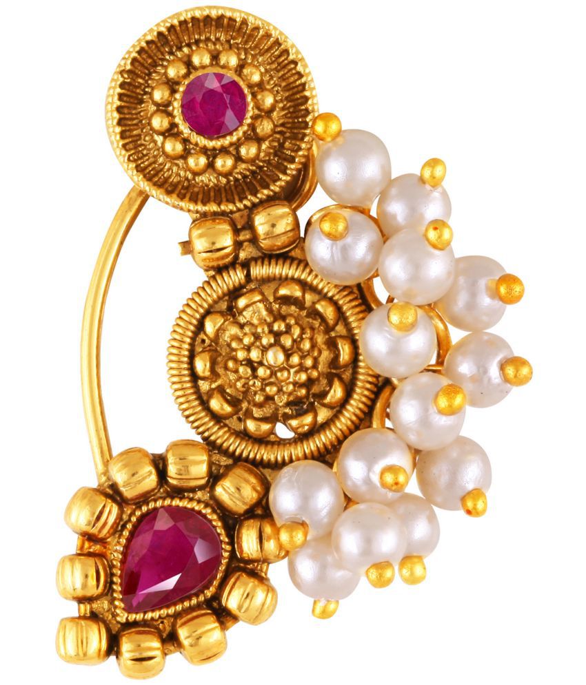     			Vivastri Premium Gold Plated Nath Collection  With Beautiful & Luxurious Red Diamond Pearl Studded Maharashtraian Nath For Women & Girls-VIVA1168NTH-Press-Red