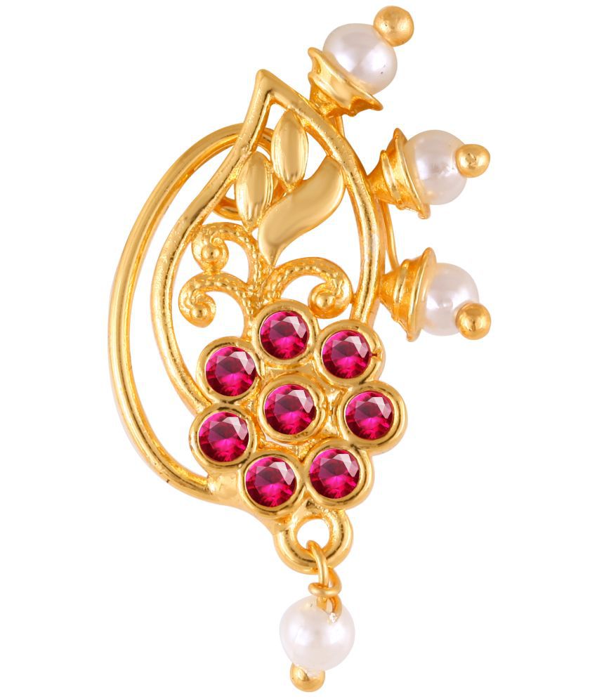     			Vivastri Premium Gold Plated Nath Collection  With Beautiful & Luxurious Red Diamond Pearl Studded Maharashtraian  Nath For Women & Girls-VIVA1159NTH-Press