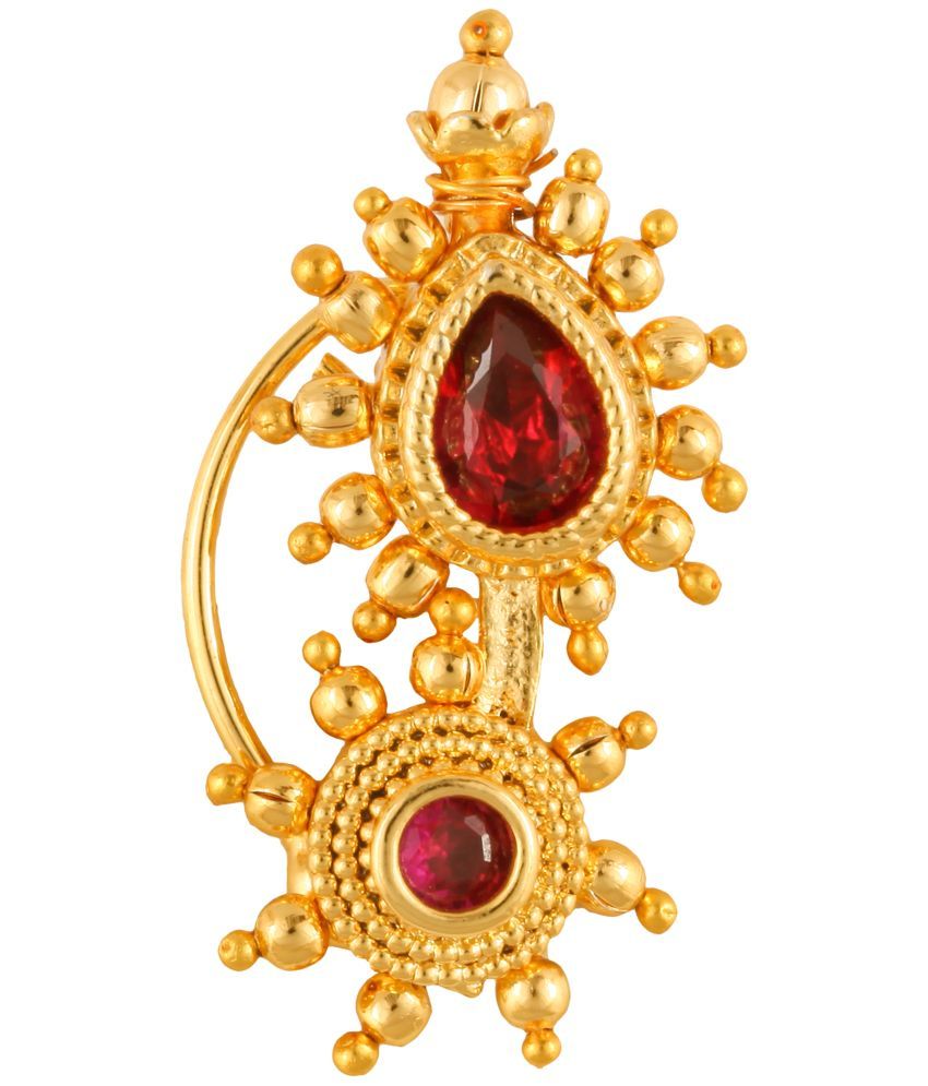     			Vivastri Premium Gold Plated Nath Collection  With Beautiful & Luxurious Red Diamond Pearl Studded Maharashtraian  Nath For Women & Girls-VIVA1165NTH-Press-Gold