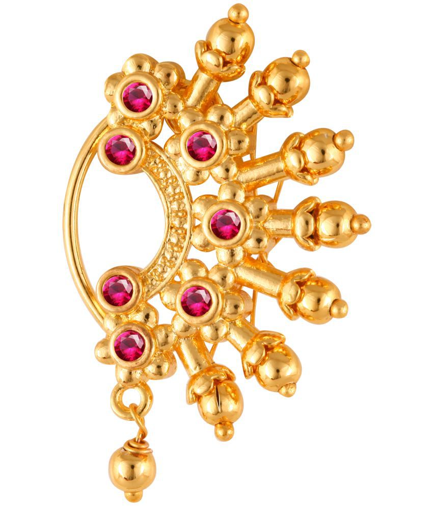     			Vivastri Premium Gold Plated Nath Collection  With Beautiful & Luxurious Red Diamond Pearl Studded Maharashtraian  Nath For Women & Girls-VIVA1163NTH-Press-Gold