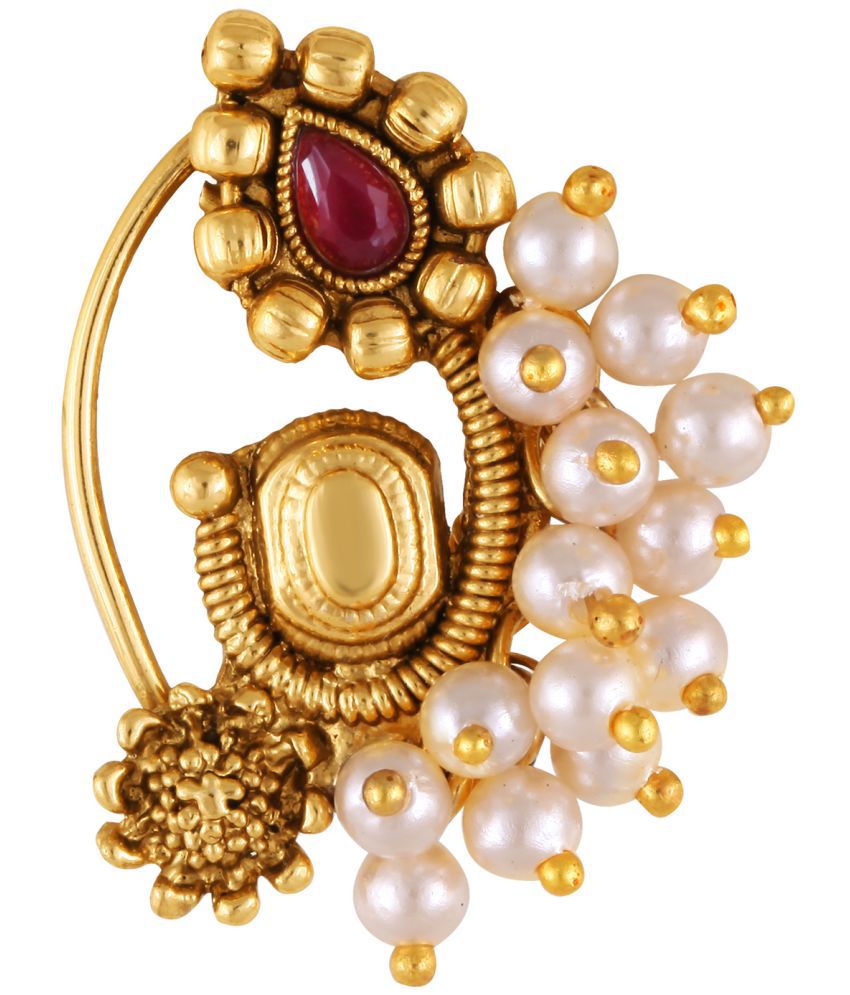     			Vivastri Premium Gold Plated Nath Collection  With Beautiful & Luxurious Red Diamond Pearl Studded Maharashtraian  Nath For Women & Girls-VIVA1166NTH-Press