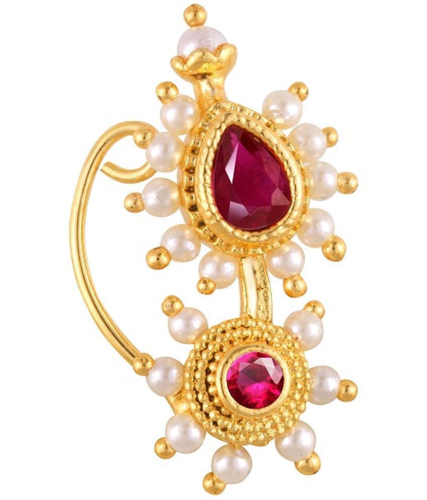     			Vivastri Premium Gold Plated Nath Collection  With Beautiful & Luxurious Red Diamond Pearl Studded Maharashtraian  Nath For Women & Girls-VIVA1165NTH-Press-Moti