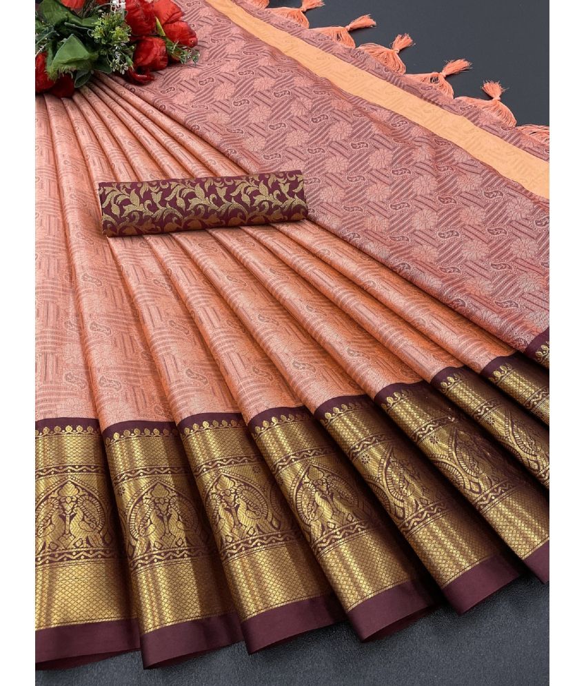     			A TO Z CART Jacquard Embellished Saree With Blouse Piece - Peach ( Pack of 1 )