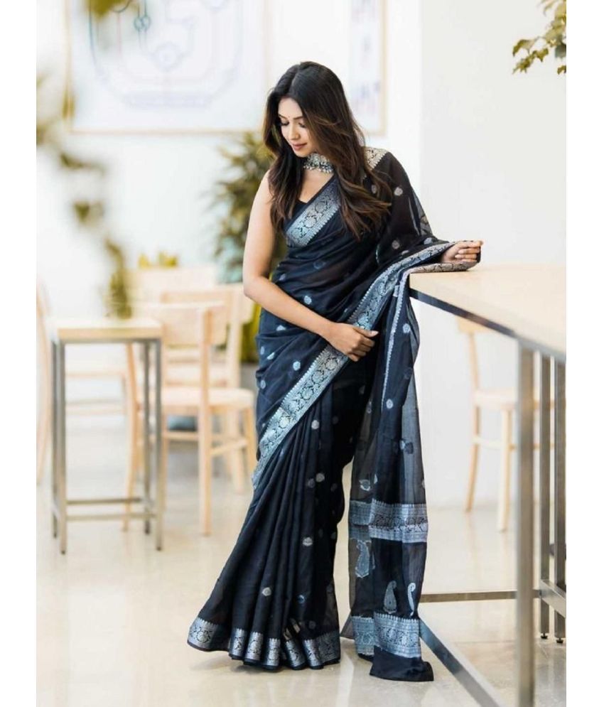     			A TO Z CART Jacquard Embellished Saree With Blouse Piece - Black ( Pack of 1 )