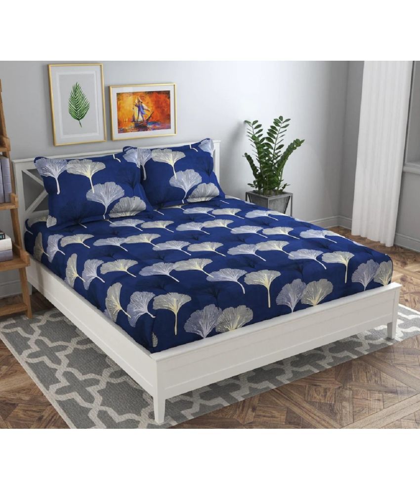     			VORDVIGO Glace Cotton Floral 1 Double Bedsheet with 2 Pillow Covers - Dark Blue