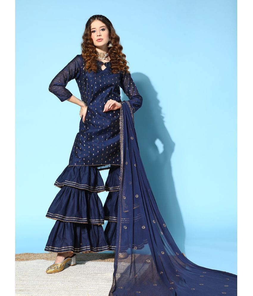     			Vaamsi Chanderi Self Design Kurti With Sharara And Gharara Women's Stitched Salwar Suit - Navy Blue ( Pack of 1 )