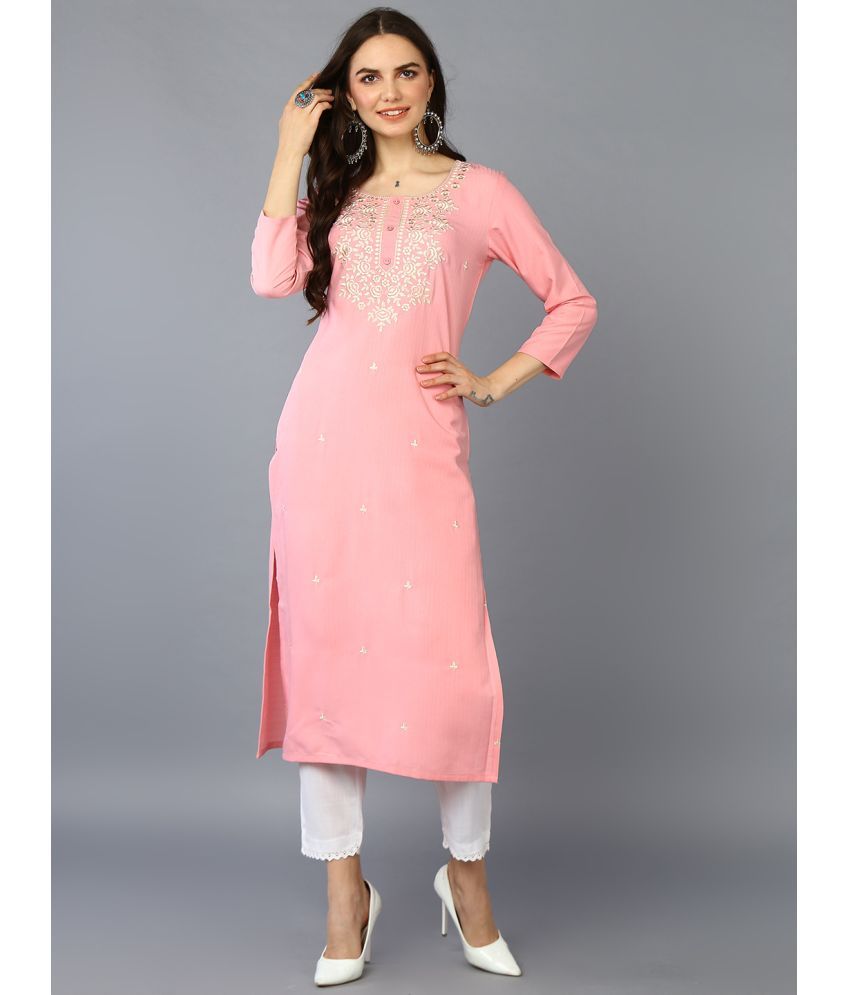     			Vaamsi Cotton Blend Embroidered Straight Women's Kurti - Pink ( Pack of 1 )