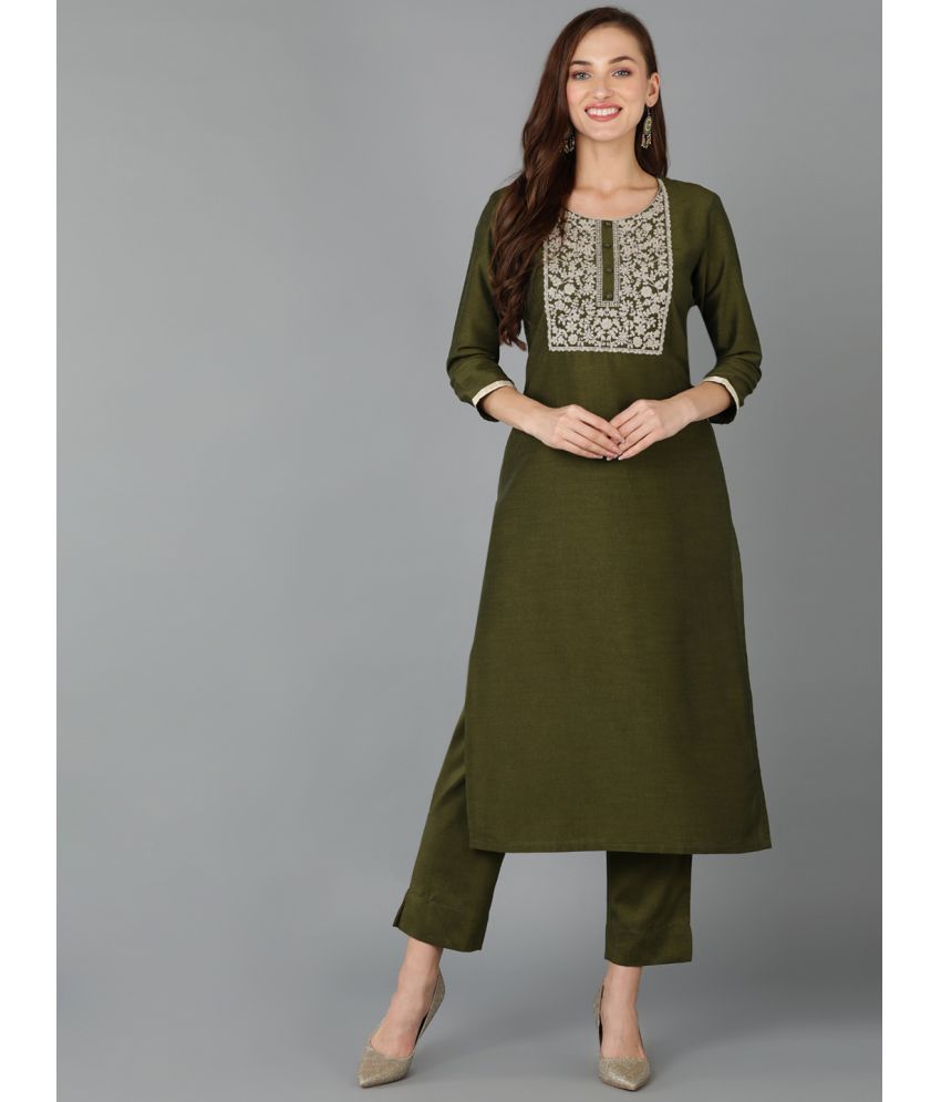     			Vaamsi Silk Blend Embroidered Straight Women's Kurti - Olive ( Pack of 1 )