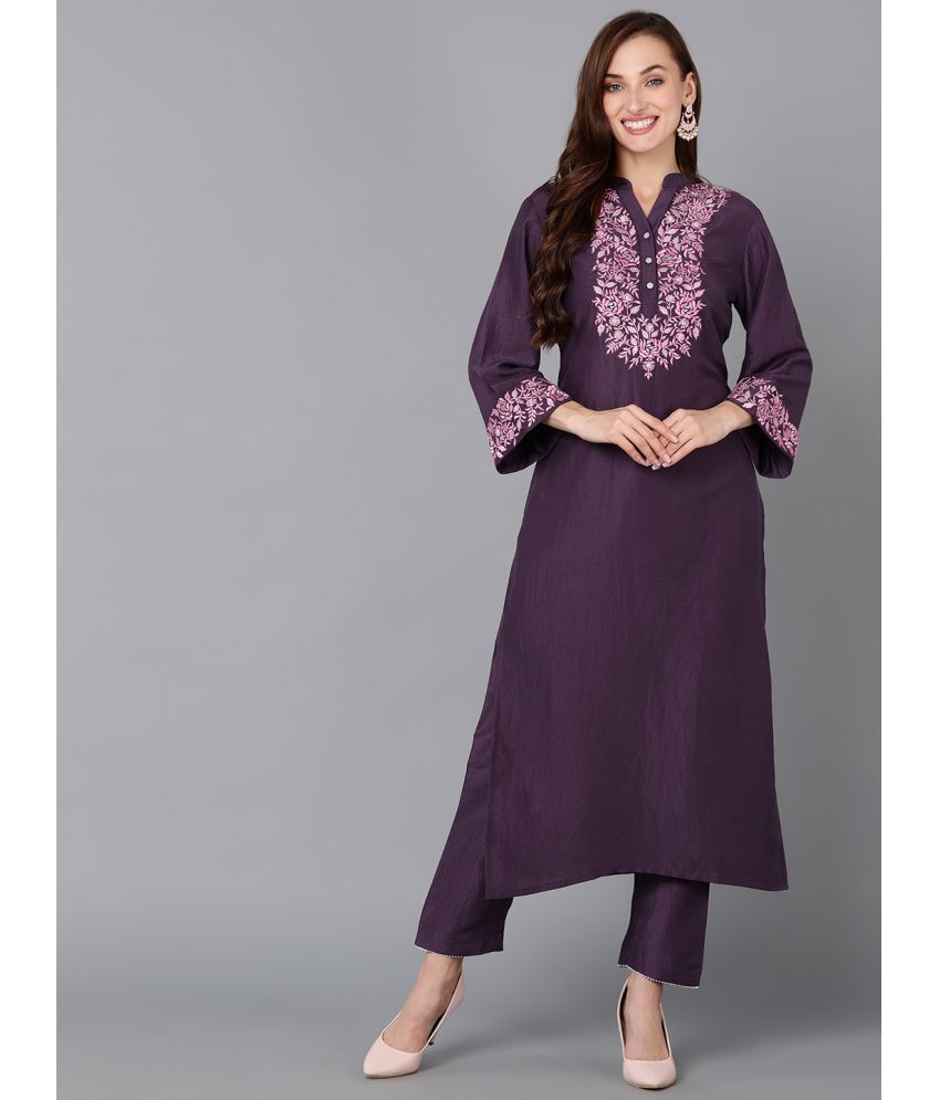     			Vaamsi Silk Blend Embroidered Straight Women's Kurti - Purple ( Pack of 1 )