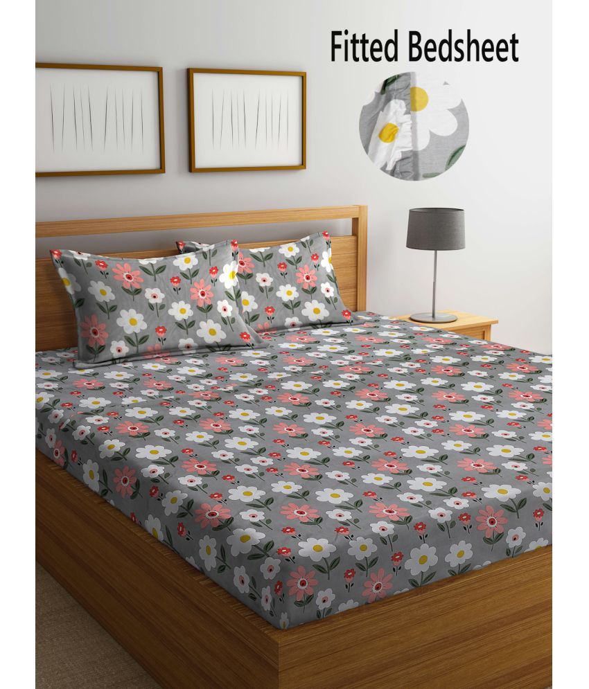     			FABINALIV Poly Cotton Floral Fitted Fitted bedsheet with 2 Pillow Covers ( Double Bed ) - Gray