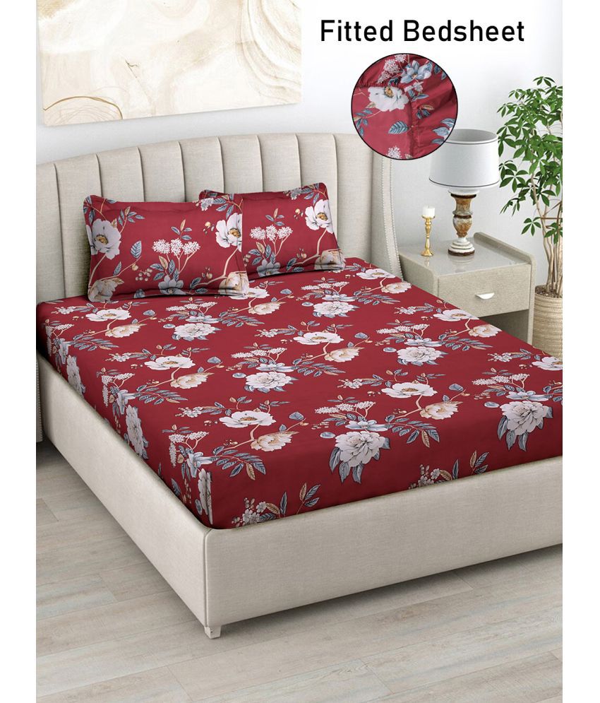     			FABINALIV Poly Cotton Floral Fitted Fitted bedsheet with 2 Pillow Covers ( Double Bed ) - Maroon
