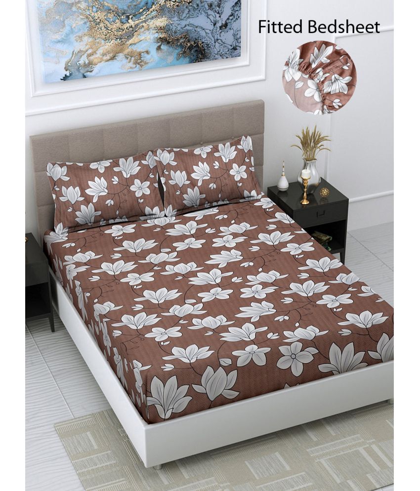     			FABINALIV Poly Cotton Floral Fitted Fitted bedsheet with 2 Pillow Covers ( Double Bed ) - Brown