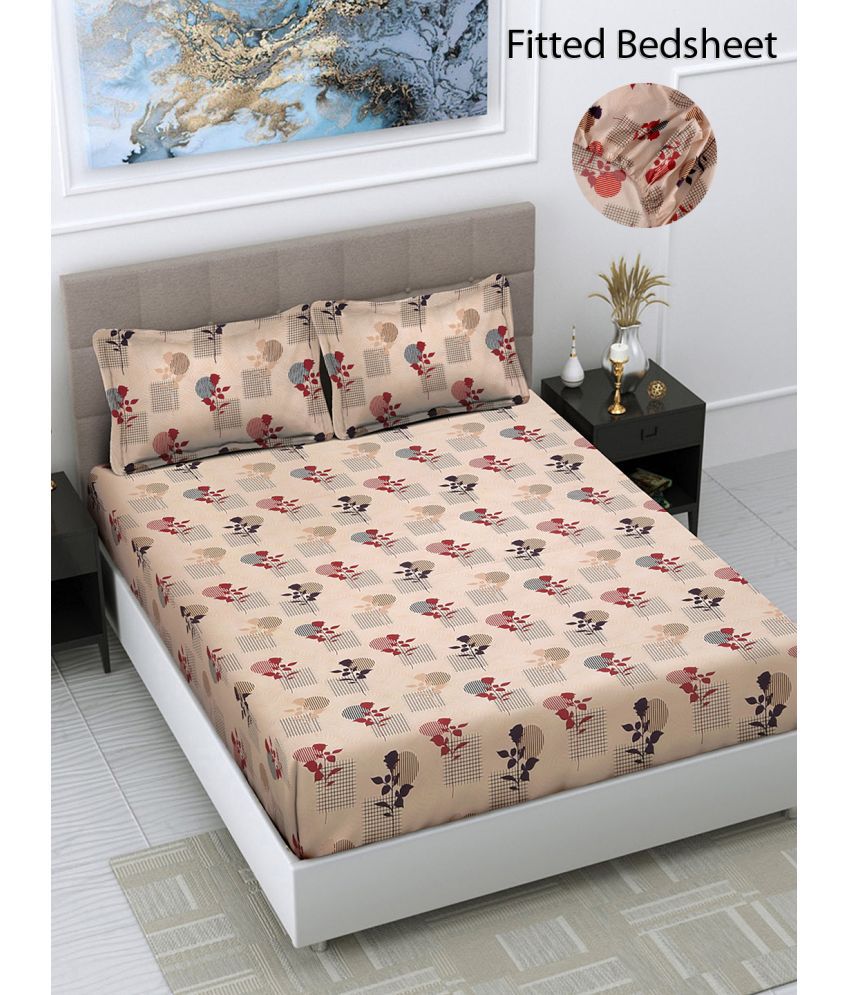     			FABINALIV Poly Cotton Floral Fitted Fitted bedsheet with 2 Pillow Covers ( Double Bed ) - Peach
