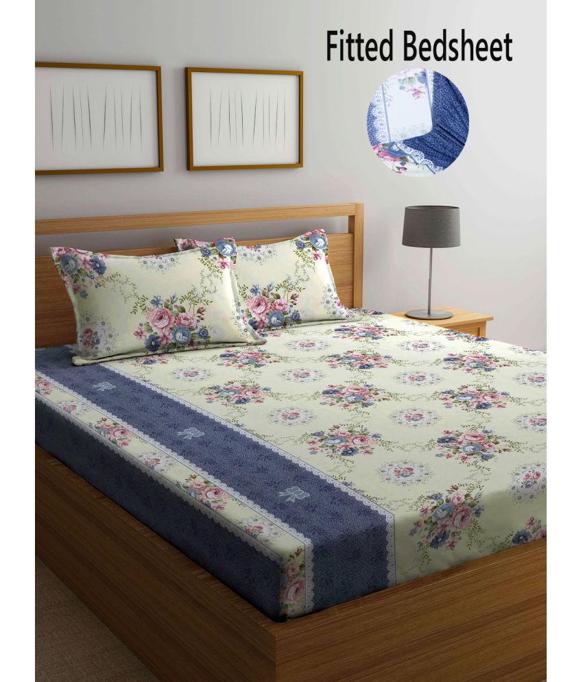     			FABINALIV Poly Cotton Floral Fitted Fitted bedsheet with 2 Pillow Covers ( Double Bed ) - Cream
