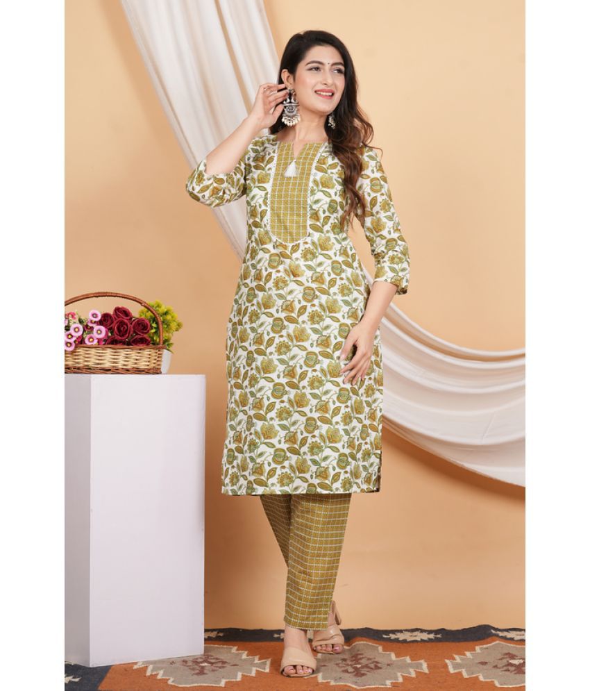     			Sanmatti Cotton Printed Kurti With Pants Women's Stitched Salwar Suit - Green ( Pack of 1 )