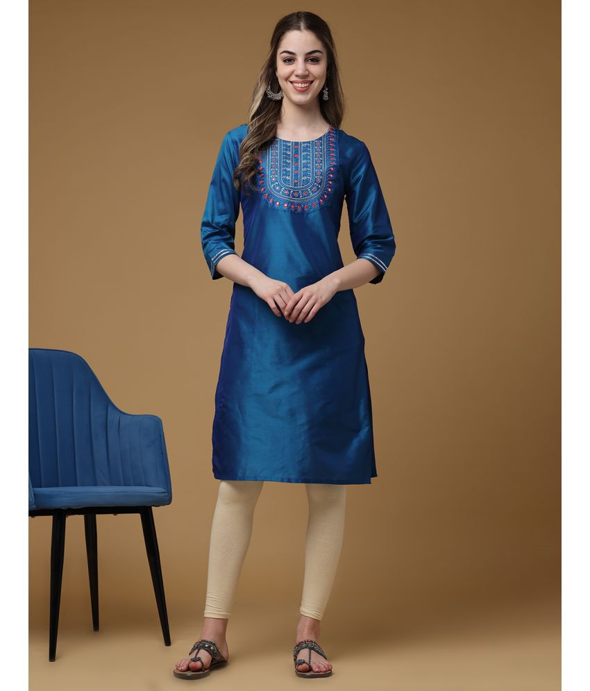     			Sanmatti Silk Embroidered Straight Women's Kurti - Blue ( Pack of 1 )