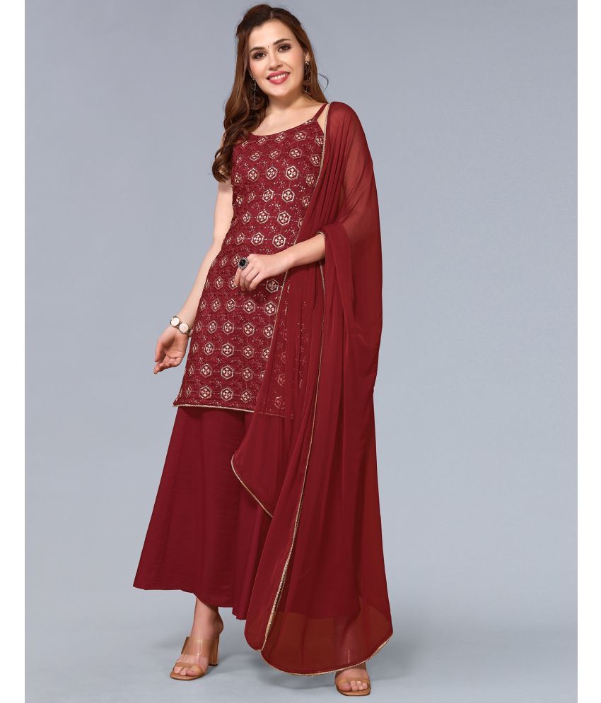     			Skylee Chiffon Embellished Kurti With Sharara And Gharara Women's Stitched Salwar Suit - Maroon ( Pack of 1 )